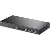 Various TP-Link Omada ER8411 VPN Router with 10G Ports, a sleek black network device featuring multiple ports for high-speed connectivity.
