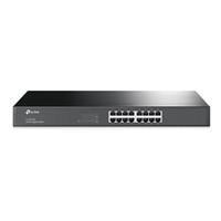 Various TP-Link TL-SG1016 16-Port Metal Gigabit Rackmount Network Switch, front view of a black 16-port Ethernet switch with metal casing and rackmount design