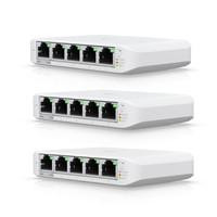 Various Ubiquiti USW-FLEX-MINI-3 UniFi USW Flex Mini 5 Port Smart Managed POE/USB C Powered Gigabit Network Switch (Triple Pack, No PSU), image showing three compact white network switches with five Ethernet ports each, designed for efficient network connectivity.