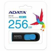 Various Adata DashDrive UV128 256GB USB 3.0 Flash Drive, Black and Blue, front view showing the product with its black body and blue sliding cover.