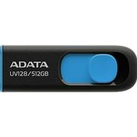 Various Adata UV128 512GB USB 3.2 Gen 1 Flash Drive, Black and Blue, close-up of the compact portable data storage device with blue slider button