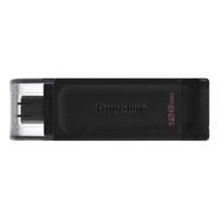 Various Kingston DT70/128GB DataTraveler 128GB USB Flash Drive, USB 3.2, USB-C, Gen1, 80MB/s, Cap Design, Black, Retail, front view of the black USB flash drive with cap attached and Kingston logo visible.
