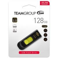 Various Team C145 128GB USB 3.0 Yellow USB Flash Drive, front view showing black and yellow design with capacity and USB 3.0 logo