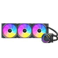 Various Antec Skeleton 360ARGB Liquid CPU Cooler, black 360mm radiator with three RGB cooling fans and universal socket, PWM up to 2000 RPM, featuring colorful ARGB lighting.