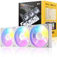 Various Antec Connect 120 White ARGB 3-Pack 120mm PWM Fans with Daisy Chain Design and Vibration-Absorbing Pads, packaging and colorful glowing fans displayed.
