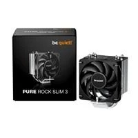 Various be quiet! Pure Rock Slim 3 Fan CPU Cooler, packaging and installed cooling fan showcasing high-quality black 100mm PWM fan with 1700RPM, 3 heat pipes, suitable for up to 130W TDP.