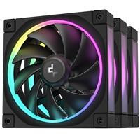 Various DeepCool FL12 120mm PWM 3 Pack Fan, image showing high-performance computer cooling fans with 36 ARGB LEDs, fluid dynamic bearing, and adjustable speeds from 500 to 2150 RPM.