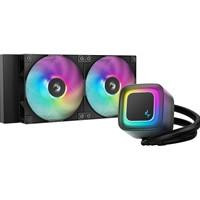 Various DeepCool LE240 V2 240mm Liquid CPU Cooler, dual 120mm ARGB fans with vibrant rainbow lighting, anti-leak technology, quiet pump, designed for high performance on Intel and AMD sockets.