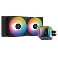 Various DeepCool LS520 Premium AiO Liquid CPU Cooler, with 240mm radiator, universal socket compatibility, PWM 2250RPM cooling fans, and addressable RGB LED lighting for enhanced cooling and aesthetics.