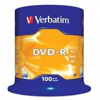 Various Verbatim DVD-R 16X 100 Pack Spindle 4.7GB Matt Silver, storage media product with a blue and yellow spindle packaging