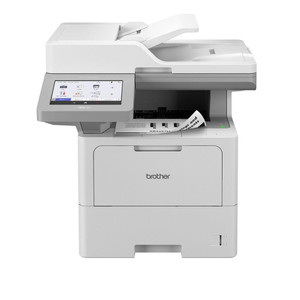 Brother MFC-L6910DN A4 Mono Laser Multifunction Printer, white printer with touchscreen display and paper output tray.
