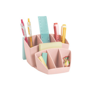 CW Office Cep Mineral Desk Tidy Pink, a multi-compartment pink desk organizer holding pens, sticky notes, a ruler, and small candies.