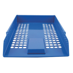 CW Office Q-Connect Letter Tray Blue Stack, a blue plastic letter tray with a perforated design for organizing documents.