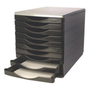 CW Office Q-Connect 10 Drawer Tower BLK GREY, black and grey storage tower with ten drawers, ideal for office organization and storage.