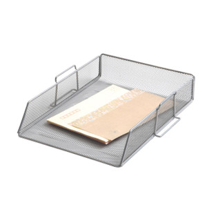 CW Office Q-Connect Stackable Letter Tray SLV, a metallic silver stackable letter tray with a mesh design and raised edges for organization with papers inside.