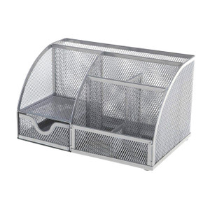 CW Office Q-Connect Curved Desktop Organizer SLV, a silver metal mesh desk organiser with multiple compartments and a drawer for stationery and office supplies.