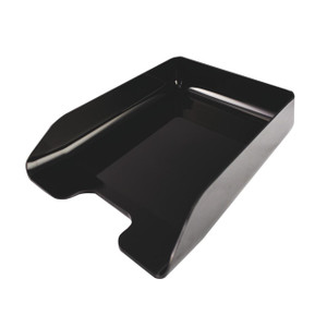 CW Office Q-Connect Executive Letter Tray BLK, black plastic desk organizer for letter-sized documents, with raised edges and a sleek finish.