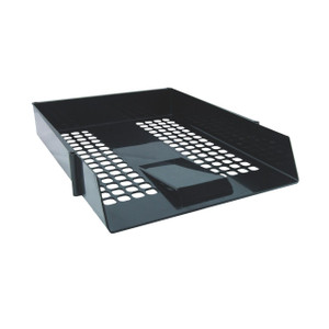 CW Office Black Plastic Letter Tray PK12, black plastic letter tray with perforated design and raised paper support for organizing documents.