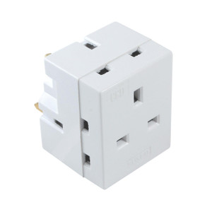 CW Office Ced 3-WAY Adaptor Fused 13 Amp White, white electrical power strip with three outlets designed for plug-in devices.