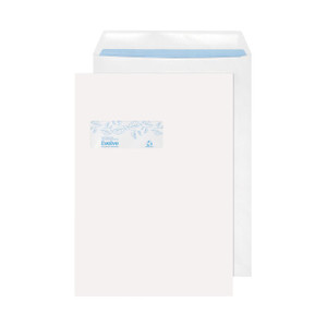 Product CW Office Evolve Env C4 Wd Rec Ss 100G Wh P250, white envelope with blue design and label for environmentally friendly office supplies.