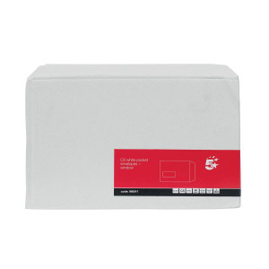 CW Office C5 Window Pkt Env Sseal WHT PK500, white pocket envelopes in a box with red and black labeling