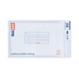 CW Office Poly Bubble Envelopes Medium PK10, white poly bubble mail bag with printed labels for sender and recipient information, suitable for mailing and shipping.