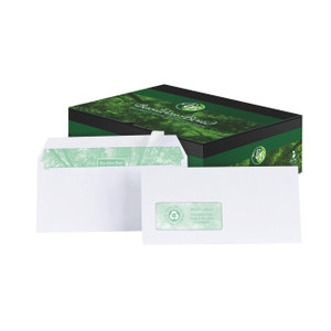 Product CW Office Basildon Bond DL Wdw Env WHT Wtrmk, white window envelopes with watermarked green design and branding for professional correspondence.