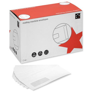 CW Office DL Wdw Mailing Machine Env WHT PK500, white mailing envelopes for office mailing machine, 90gsm, 500 envelopes.