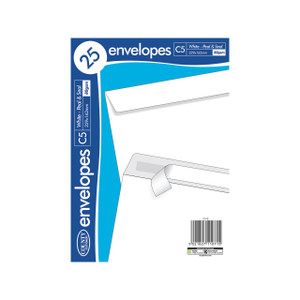 Product CW Office C5 Peel/Seal Env X25 White PK20, image of a box of 25 white peel and seal envelopes with dimensions 229x162mm and 80gsm weight.
