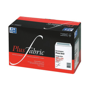 Plus Fabric Premium Envelopes, white C4 size, 250 pack, with press seal closure for professional presentation, 324x229mm, 120gsm, model CW Office Plus Fab WHT Env C4 Wnw 120G BX250.