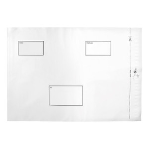 CW Office Wpf Polythene Environmentally-Friendly Packaging, white polythene envelope with address windows for postal use, measuring 360x430 mm, pack of 100.