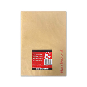 Product CW Office C4 Brdb Env Plsl 120GSM Man PK10, beige manila board back envelopes with barcode and red label.