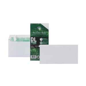 CW Office Basildon DL Env Peel Seal WHT PK100, image shows a pack of white recycled high white wallet envelopes with peel and seal closure, suitable for A4 documents.