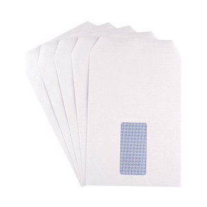 CW Office Q-Connect Envelopes C5 Window White, an image of five white address envelopes with a blue window on the front for address display.