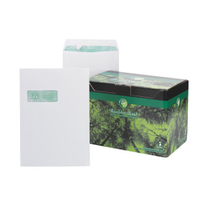 CW Office Basildon Env Peel/Seal 120G PK250, box of 250 peel and seal label sheets with eco-friendly packaging featuring a green forest design.