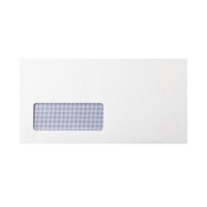 CW Office Q-Connect DL Env S/S Win WHT PK250, white envelope with window and patterned interior.