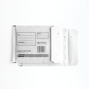 CW Office Gosecure Bubble Env Size 3 WHT PK10, a pack of white bubble envelopes with printed labels and barcode for mailing and packaging.