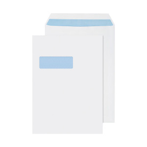 Product CW Office Q-Connect C4 Env Wdw Ss WHT PK250, pack of white C4 envelopes with window.