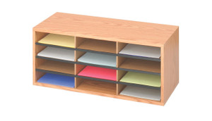 CW Office 12COMP Organiser Beech 9401MO, wooden office organiser with multiple compartments filled with colored paper sheets.