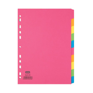 CW Office Elba 10-Part Divider Manilla A4 AST, colorful tabbed dividers with pink A4 front sheet and multicolored tabs for organizing documents.