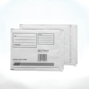 CW Office Gosecure Bubble Env Size 10 WHT PK10, set of white bubble envelopes with printed mailing labels and barcodes.
