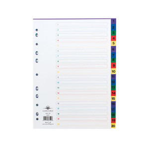 CW Office Concord M/Col Plast Index A4 1-20, color-coded plastic index with tabbed dividers for organizing documents.