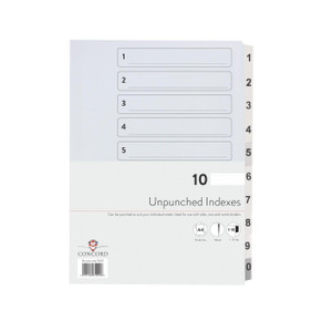 CW Office Concord Upchd Index 1-10 A4 WHT PK10, a pack of 10 white punched indexes with tabs for organization and labeling.