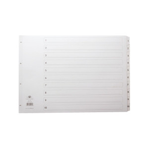 CW Office Concord Clasc A3 1-10 Mylar Index WHT, a white index filing system with numbered tabs from 1 to 10 for organization.