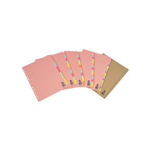 CW Office Q-Connect Subject Divider A4 12 Part, set of pink and brown dividers with colorful tabs and alphabet index for organization.