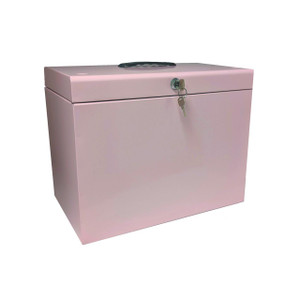 CW Office Cathedral File Box + 5 Files A4 Pink, a pink office file storage box with a lock and key, designed for organizing A4 documents with included matching pink filing folders.