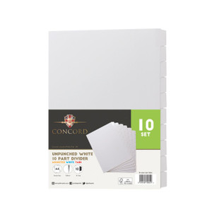 CW Office Concord Upchd Dvdr 10-PART WHT PK10, image of a box of 10 white dividers for filing or organization with a black and green label.