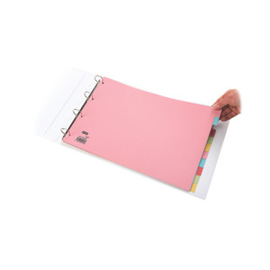 CW Office Elba A3 Card Dividers 10 Part AST, woman holding colorful tabbed sheet dividers in white binder.