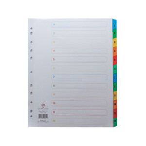 Product CW Office Concord Index A4 1-12 P/Pkt Multi, color-coded index dividers with numbered tabs from 1 to 12 for organizing documents.