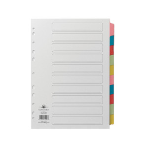 CW Office Concord Dvdr 10-PART A4 Mcol Tabs, multi-colored filing tabs with A4 partition dividers for organizing documents.